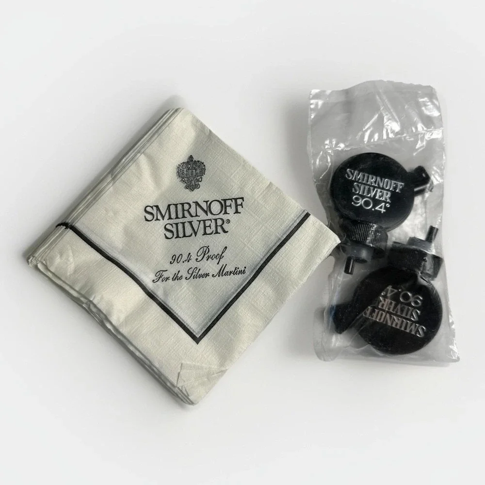 Vintage‎ 1974 - Smirnoff Silver 90.4 Proof - 2 Bottle Topper/Spouts & 32 Napkins